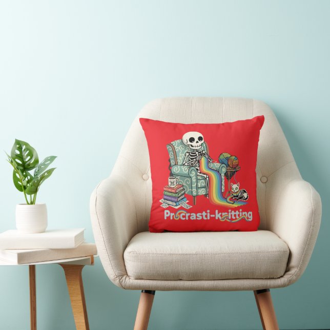 Coussin Squelette et chat drôles de procrasti-tricot avec (Chaise)