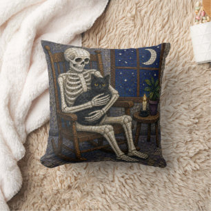 Coussin Squelette et chat noir de Halloween en mosaïque