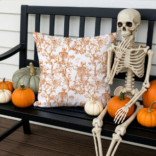Coussin Squelettes d'Halloween Toile de Jouy Orange Blanc