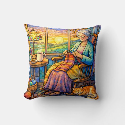 Coussin Stained Glass Grandma Knitting, Cat & Cozy Home  (Recto)