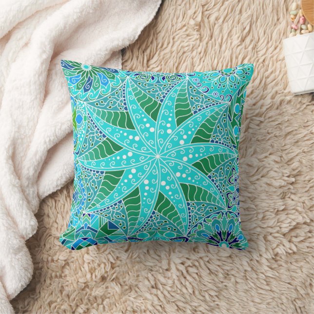 Coussin Star Mandala Aqua Océan Bleu vert de mer (Couverture)