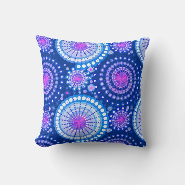 Coussin Starbursts et soleils, bleu cerulean et blanc (Recto)