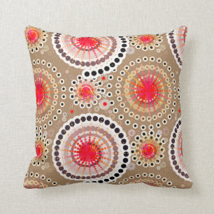 Coussin Starbursts et soleils, taupe, rouge, blanc