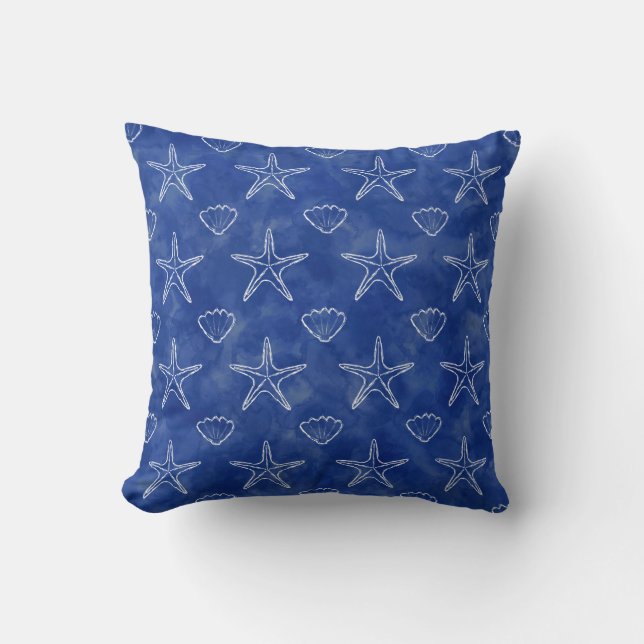 Coussin Starfish Seashell Sketch Pattern Blue Watercolor (Recto)