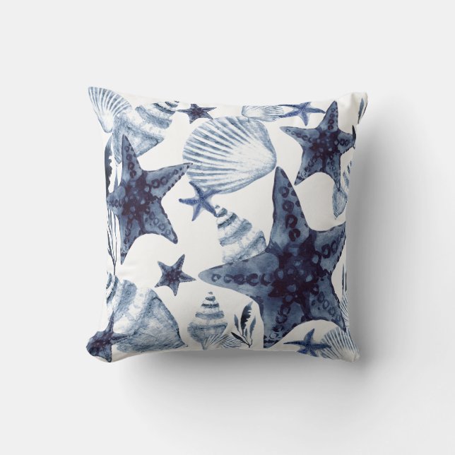 Coussin Starfish Shells Navy Blue And White Beachy Pattern (Recto)