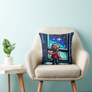 Coussin Stargazer à la fenêtre Dreamy Pixel Art Night Sky