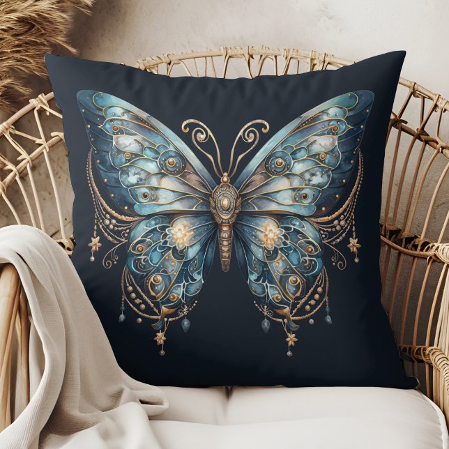 Coussin Starlit Wings – Lunar Magic Pillow (Starlit Wings – Lunar Magic Pillow in a boho rattan armchair.)