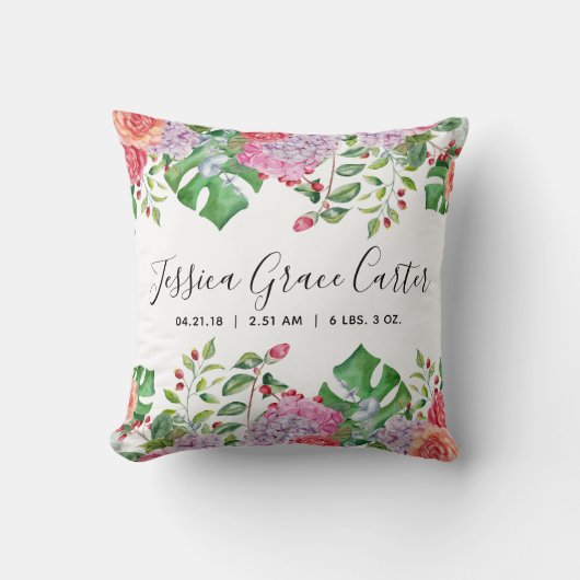 Coussin Stat de naissance de bébé, décor floral tropical (Recto)