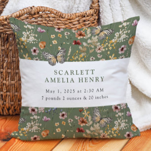 Coussin Statistiques de bébé fleur sauvage bohème verte