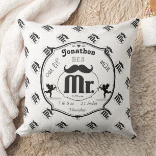 Coussin Statistiques de bébé garçon Monsieur Moustache Pet