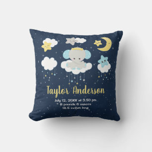 Coussin Statistiques de naissance Bébé Éléphant Jaune et N