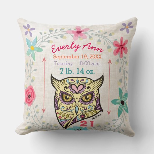 Coussin Statistiques de naissance Bébé Fille Forêt Créatur (Recto)