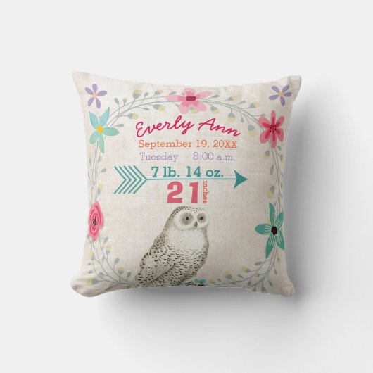 Coussin Statistiques de naissance Bébé Fille Woodland Forê (Recto)