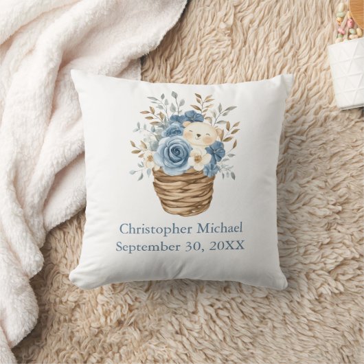 Coussin Statistiques de naissance Bleu Beige Fleurs Ours N (Couverture)