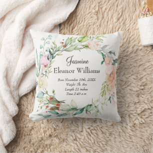 Coussin Statistiques de naissance de bébé à guirlande flor