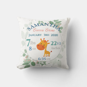 Coussin Statistiques de naissance de bébé avec girafe et f