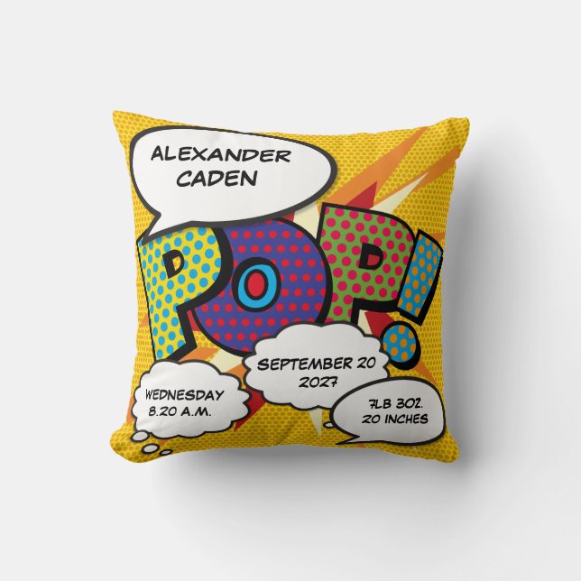 Coussin Statistiques de naissance de bébé Bande dessinée P (Recto)