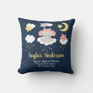 Coussin Statistiques de naissance de bébé éléphant rose et