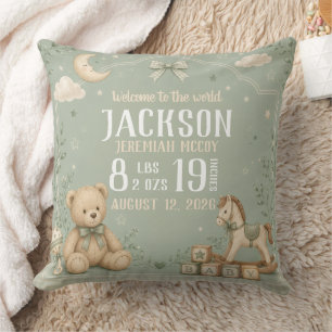 Coussin Statistiques de naissance de bébé en vert sauge av