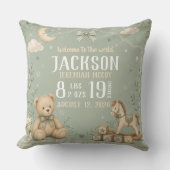 Coussin Statistiques de naissance de bébé en vert sauge av (Recto)