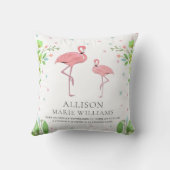Coussin Statistiques de naissance de bébé fille au flamant (Verso)