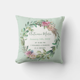 Coussin Statistiques de naissance de bébé fille Floral