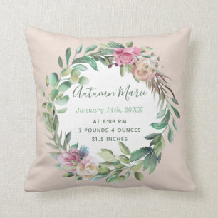 Coussin Statistiques de naissance de bébé fille Floral