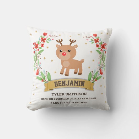 Coussin Statistiques de naissance de bébé garçon Renne de (Recto)
