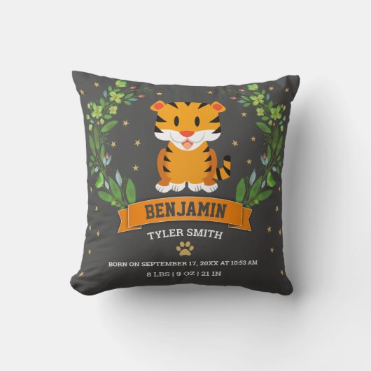 Coussin Statistiques de naissance de bébé garçon tigre de  (Recto)