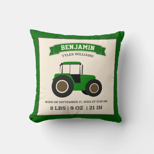 Coussin Statistiques de naissance de bébé tracteur de ferm (Recto)