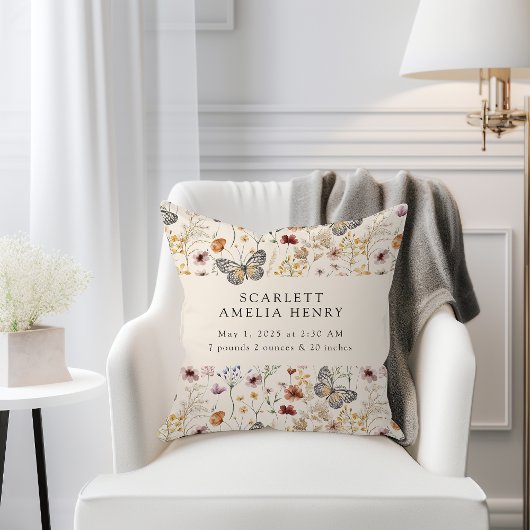Coussin Statistiques de naissance de Boho Wildflowers Baby