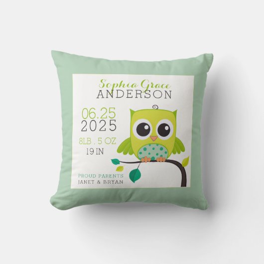 Coussin Statistiques de naissance de chouette mignonne Sou (Recto)