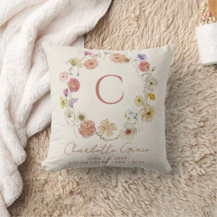 Coussin Statistiques de naissance des filles Floral Wreath