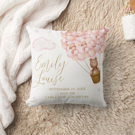 Coussin Statistiques de naissance pour fille avec ballons (Couverture)