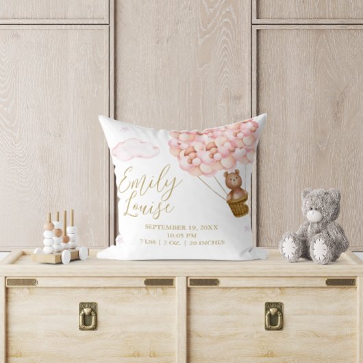 Coussin Statistiques de naissance pour fille avec ballons 