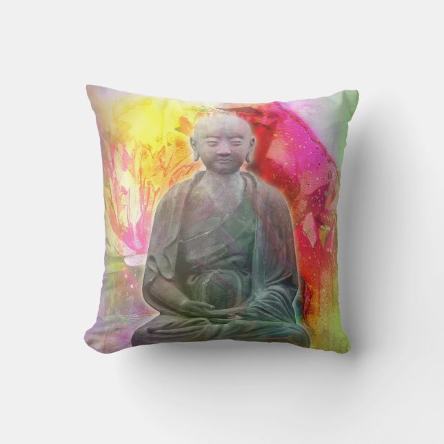 Coussin Statue de Bouddha sur fond de lotus aquarelle (Recto)