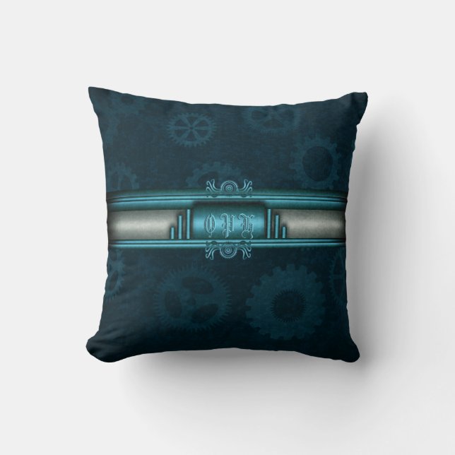 Coussin Steampunk, bleu glacé sur les geers turquoises ave (Recto)
