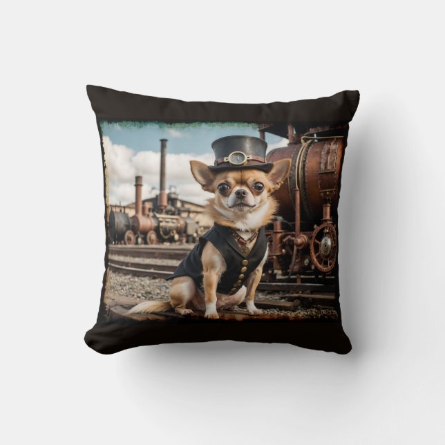 Coussin Steampunk Chihuahua et train (Recto)