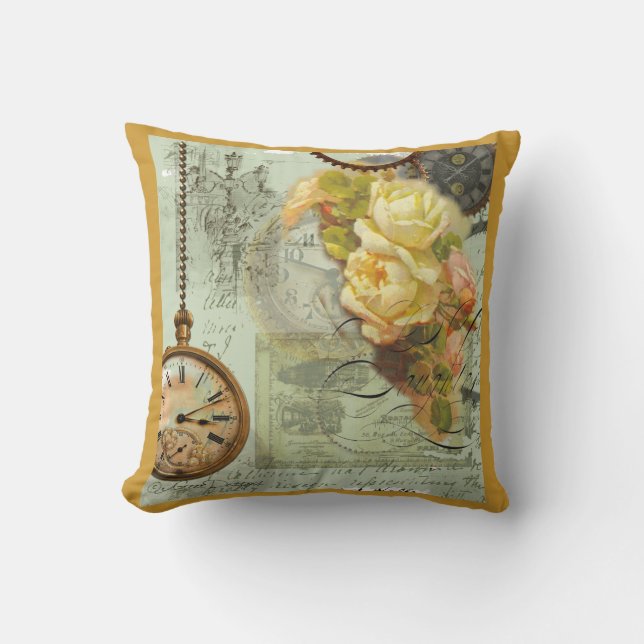 Coussin Steampunk Time & Yellow Roses (Recto)