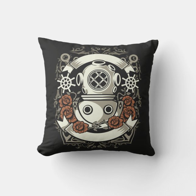 Coussin Steampunk Victorian Deep Sea Diver Roses rouges (Recto)