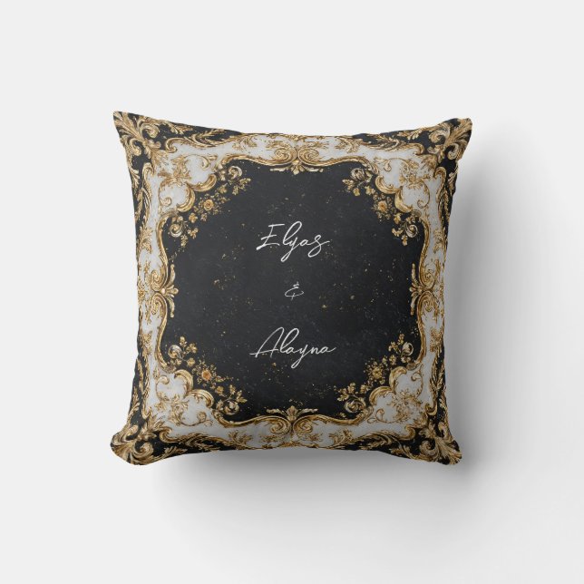 Coussin Sticker Mariage de cadre Rococo noir et or (Recto)
