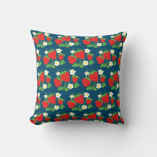 Coussin Strawberry and Flower Blue Pattern (Recto)