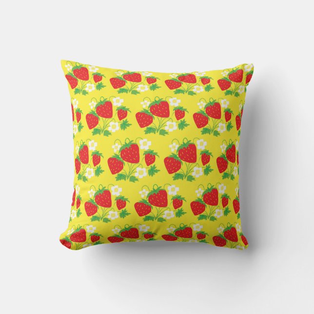 Coussin Strawberry and Flower Yellow Pattern Throw Pillow (Recto)