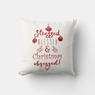 Coussin Stressé Bénis & Obsédé de Noël Rouge Blanc