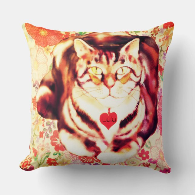 Coussin Striped Cat Art with Floral Background (Recto)