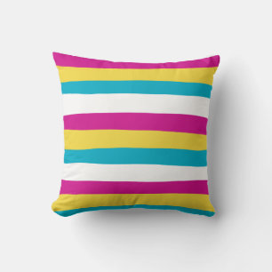 Coussin Stripes inégales - Turquoise, Jaune, Rose et Blanc