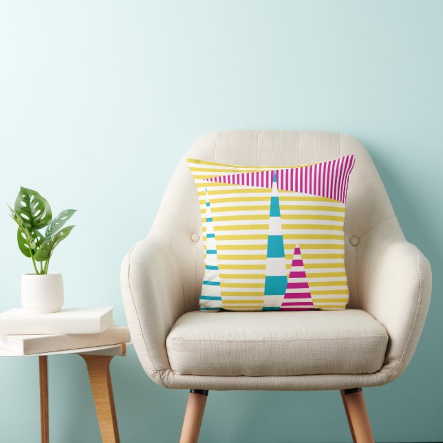 Coussin Stripes on Stripes - Turquoise, Jaune et Rose (Chaise)