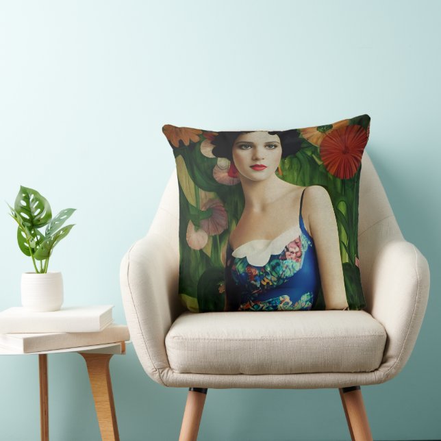 Coussin Style Art Déco Elégant Femme avec Grandes Fleurs A (Chaise)