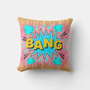 Coussin Style BD Pop Art Retro Aqua Blue Gold BANG