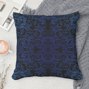 Coussin Style bleu floral motif sur noir